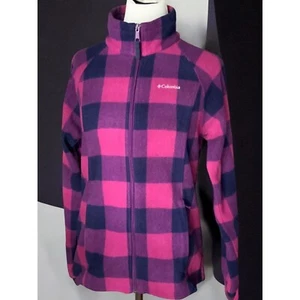 Columbia Full Zip Mock Neck Long Sleeve Fleece Jacket Pink Purple Plaid 18 20 - Picture 1 of 8