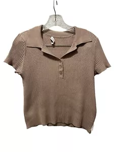Calvin Klein Jeans Crop Top Tan Womens Medium Ribbed Short Sleeve Collared - Picture 1 of 7