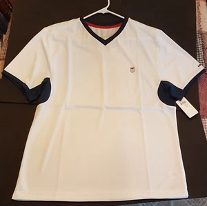 NWT K-Swiss Mens Short Sleeve V Neck Top size Large White/Navy Athletic Shirt - Picture 1 of 4