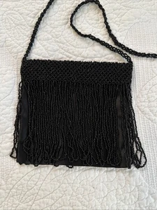 Vintage Black Beaded Evening Bag Fringe Detail and Bead Chain Strap India 6”x7” - Picture 1 of 15