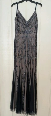 Marina Beaded V Neck Gown Women's Size L Navy Blue Nude Black Tie Formal Dress - Image 1 of 4