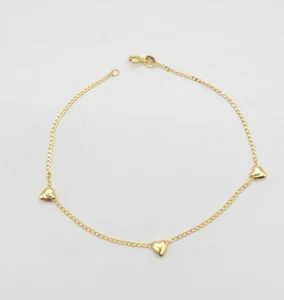Vintage Italian 14K Three Yellow Gold Heart Ankle Bracelet - 1.4 G - 8.5 Inches - Picture 1 of 8