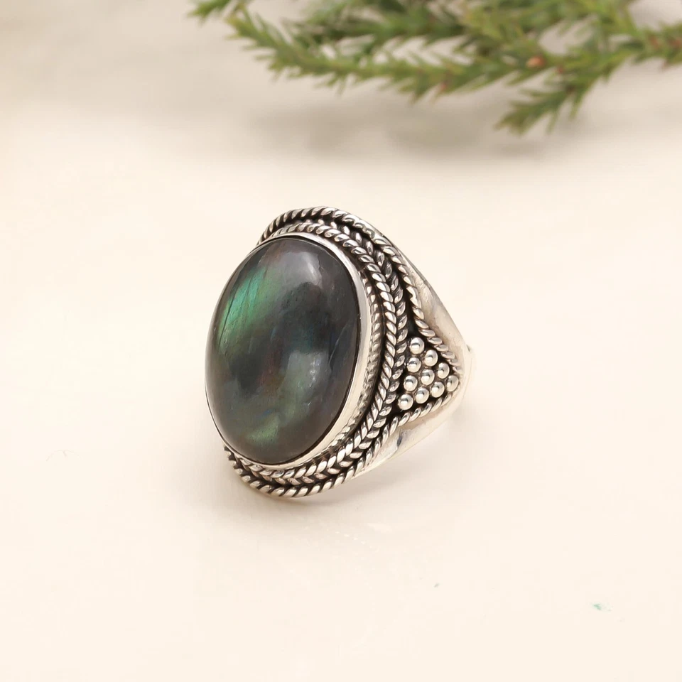 Oval Labradorite Gemstone 925 Silver Anniversary Prong Statement Ring Jewelry - Image 1 of 4