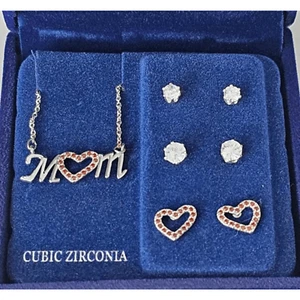 Silverplate and Cubic Zirconia Mom Necklace and 3 pairs of Earrings NWT Gift  - Picture 1 of 6