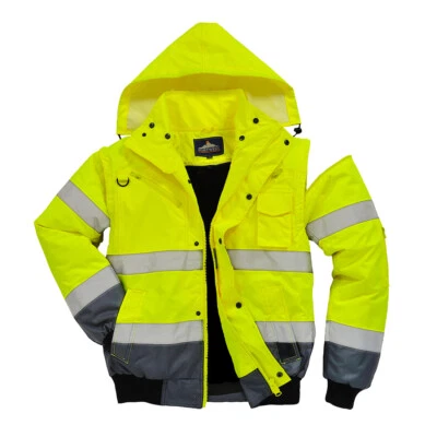 Portwest UC465 Hi-Vis Contrast Reflective Safety Work Fur Lined Bomber Jacket - Image 1 of 3