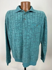 Camisa polo vintage de tela de felpa con bandas inferiores para hombre M de gran tamaño verde azulado manga larga - Imagen 1 de 17