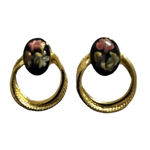 Goldtone Earrings Fixed Door Knocker Floral Enamel Post Pierced - Picture 1 of 6