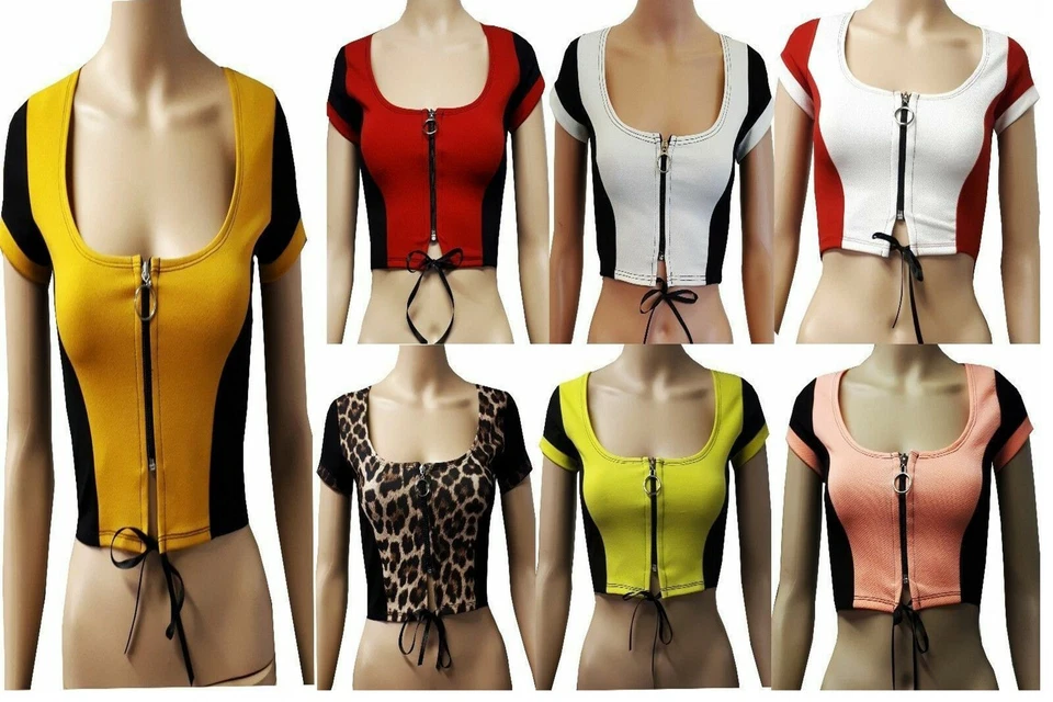 NEW LADIES GIRLS WOMEN'S TOPS CAP SLEEVE CONTRAST ZIPPER CROP TOP  SIZE 6 TO 18 - Image 1 of 1