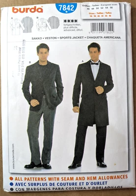 BURDA 7842 Sizes US 36-46 Men Fitted Sport Jacket Elegant Classic Uncut - Image 1 of 3