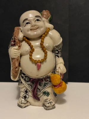 Happy Smiling Buddha Statue Figurine / Highly Detailed / Snake, Bag, Necklace Et - Image 1 of 4