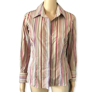 Thomas Pink Pink Yellow Brown Vertical Striped Fitted Button Front Blouse 8 - Picture 1 of 4
