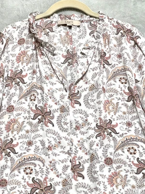 Blusa LOFT Mediana Paisley Volantes Cuello Manga Larga Top Blanco Rosa Gris Boho Chic Foto 1 de 4