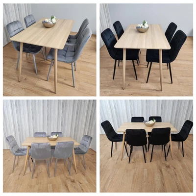 Beige Oak Design Dining Table Set with Velvet Chairs & Metal Legs - Image 1 of 4