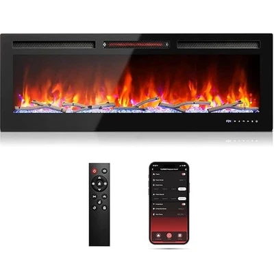 Smart 60" Wall Mounted Fireplace 1500W Heating LED Flame Voice & App Control - Image 1 of 4