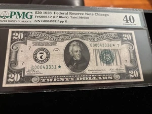 1928 $20 Star ⭐️ FRN Chicago (G*Block) STAR Fr. 2050-G* PMG 40 Tate/Mellon - Picture 1 of 8