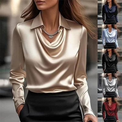 Blusa Pullover Cuello en V Damas TALLA 6~20 Prendas para el torso Satén Seda Camisetas OL Trabajo Solapa Foto 1 de 4