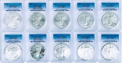 2010-2019 American Silver Eagle Set (10 Coins) PCGS MS70 Blue Label (FREE SHIP) - Image 1 of 4