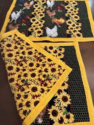 2 ~ HANDMADE QUILTED Roosters Chickens Sunflowers Country Farmhouse 20x12 NEW - Image 1 of 4