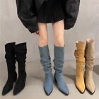 Women's Pointed Western Denim Boots Casual Mid Calf Knight Long Boots Shoes