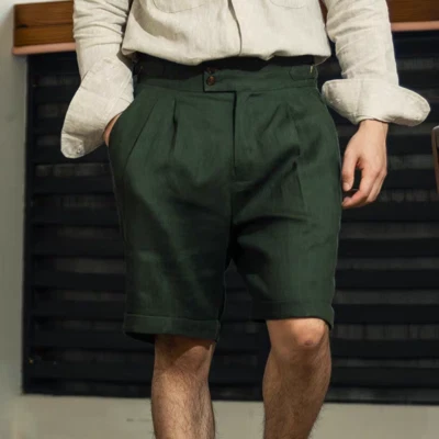Bermuda Gurkha Shorts Men's Linen Shorts Adjustable Waist Short Pants Summer - Image 1 of 4