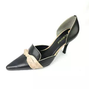 BCB Girls Women D'orsay Heels Size 7B Black Beige Leather Pointed Toe Slip On - Picture 1 of 12