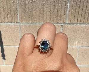 Natural Blue Sapphire Ring 14k Yellow Gold With 14 Halo Diamonds - Picture 1 of 24