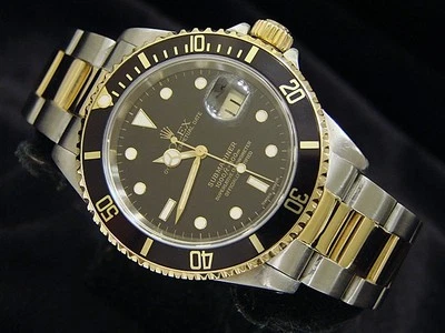 Мужские часы Rolex Submariner дата 18k желтое золото нержавеющая сталь черные Sub 16613 - Изображение 1 из 4
