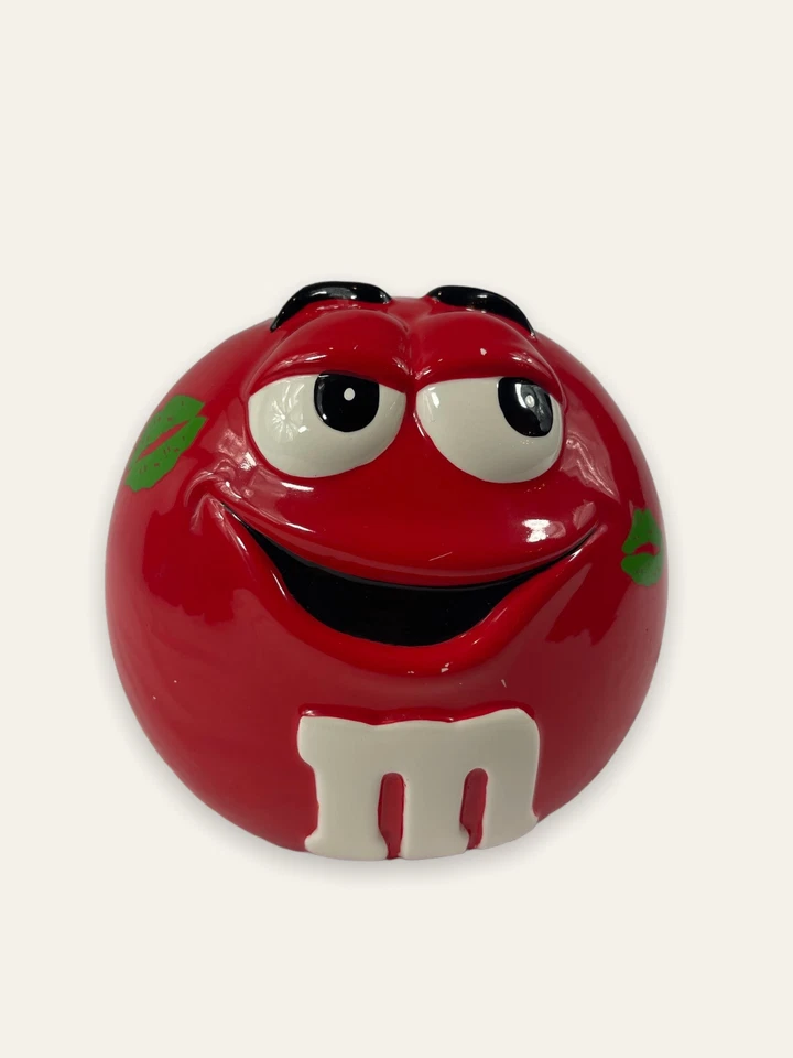 RARE!!  M&M Red Ceramic Cookie Jar Candy Galerie Green Kiss Lips 2003 Vintage - Image 1 of 4