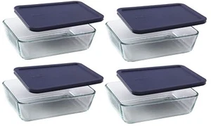 Pyrex 6-cup Rectangle Glass Food Storage Containers with Blue Plastic Lids - Picture 1 of 3