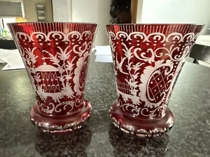 Set Of Two bohemian Ruby Red Cut To Clear Crystal Goblets Glasses Hand Cut - Picture 1 of 7