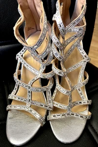 NICOLE MILLER SNAZY METALLIC Silver Mirror Sandals Heels Strappy 6.5 SEE DETAIL - Picture 1 of 11
