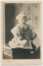 YOUNG GIRL HOLDING GERMAN ? TOY TEDDY BEAR vtg 1910's RPPC real Photo Postcard