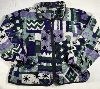 Chaqueta polar EMS vintage grande retazos geométricos EE. UU. 80 años 90 abstracto AOP Foto 1 de 4