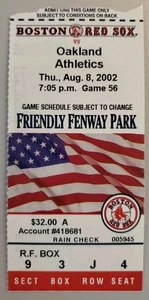 Boston Red Sox Oakland Leichtathletik Baseball Ticket Stub 8/8 2002 Floyd Justice HRs - Bild 1 von 2