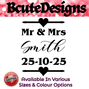 BODA PERSONALIZADO NOMBRE Y FECHA VINILO CALCOMANÍA TRANSFERENCIA PEGATINA SILUETA MR MRS - Imagen 1 de 5