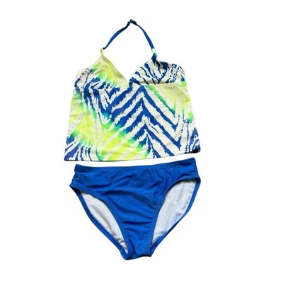 Conjunto de natación de parte inferior de bikini halter con estampado de animales azul amarillo neón verde neón para niñas Foto 1 de 2