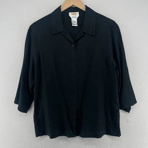 TALBOTS Top S Irish Linen Floral Eyelet Shirt Button Up 3/4 Sleeve Woven Black - Picture 1 of 14