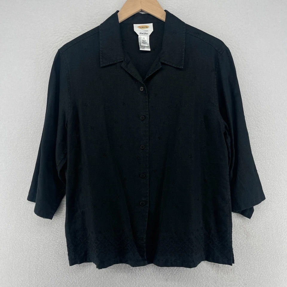TALBOTS Top S Irish Linen Floral Eyelet Shirt Button Up 3/4 Sleeve Woven Black - Image 1 of 4