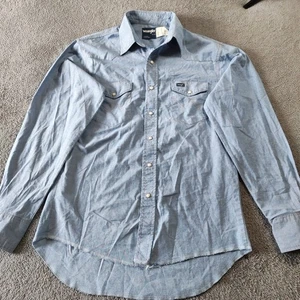 Wrangler Hemd Herren 16-36 Chambray blau Perlen Druckknopf Western X-Long Schwänze Rodeo US - Bild 1 von 12