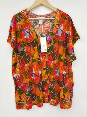 C&C California Tropical Print Linen Blend Top Blouse Shirt Orange 3X NEW - Image 1 of 4