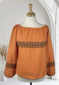 VTG 70s Handmade Blouse Top Pullover Orange Brown Hippie Boho Peasant M Festival - Picture 1 of 9