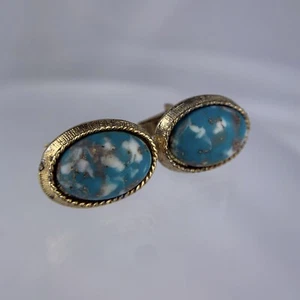 Gemelos imitación turquesa tono dorado cabujón pirita azul blanco formal vintage - Imagen 1 de 9