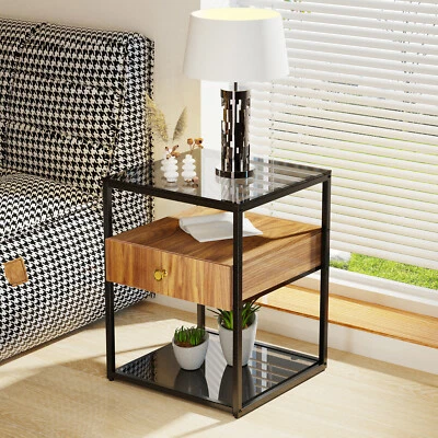 UNHO Tempered Glass Side Table Nightstand with Drawer & Shelf 3 Tiers Bedside Cabinet