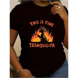 100% cotton women's fun little dog coffee printed soft round neck T-shirt - Picture 1 of 13