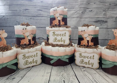 Juegos y pasteles de pañales de 3 niveles - Dulce bebé jirafa tema baby shower Foto 1 de 4