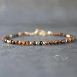 Pulsera de cuentas curativas de aguamarina ojo de tigre natural ajustable boho dorado - Imagen 1 de 4