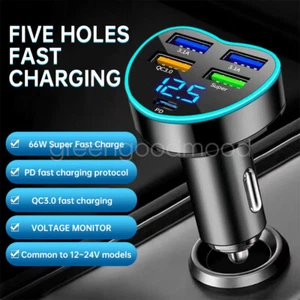 66W PD Fast Car Charger QC3.0+USB 5 Ports Adapter For iPhone Samsung 12-24V - Picture 1 of 18