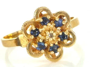VTG BEAUTIFUL 14K YELLOW GOLD FINE FLORAL FLOWER BLUE SAPPHIRE RING S7 3.1 GRAM - Picture 1 of 1