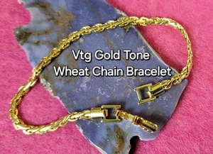 Bracelet Vtg Gold Tone Wheat Chain 7 1/2" Bright Shiny - Picture 1 of 7