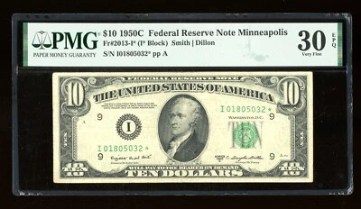 DBR 1950-C $10 FRN Minneapolis STAR Fr. 2013-I* PMG 30 EPQ Serial I01805032* - Image 1 of 2